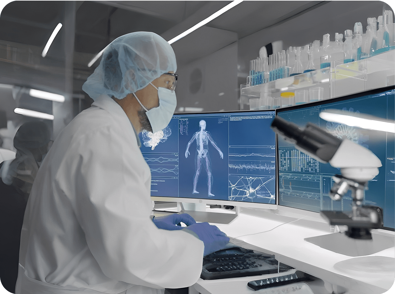 Scientist analyzing data on multiple monitors.