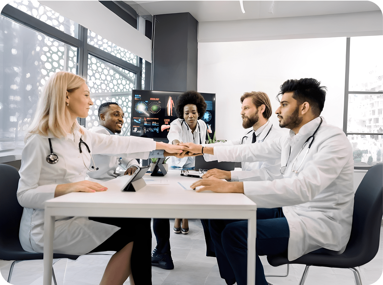 Doctors collaborating at a conference table.