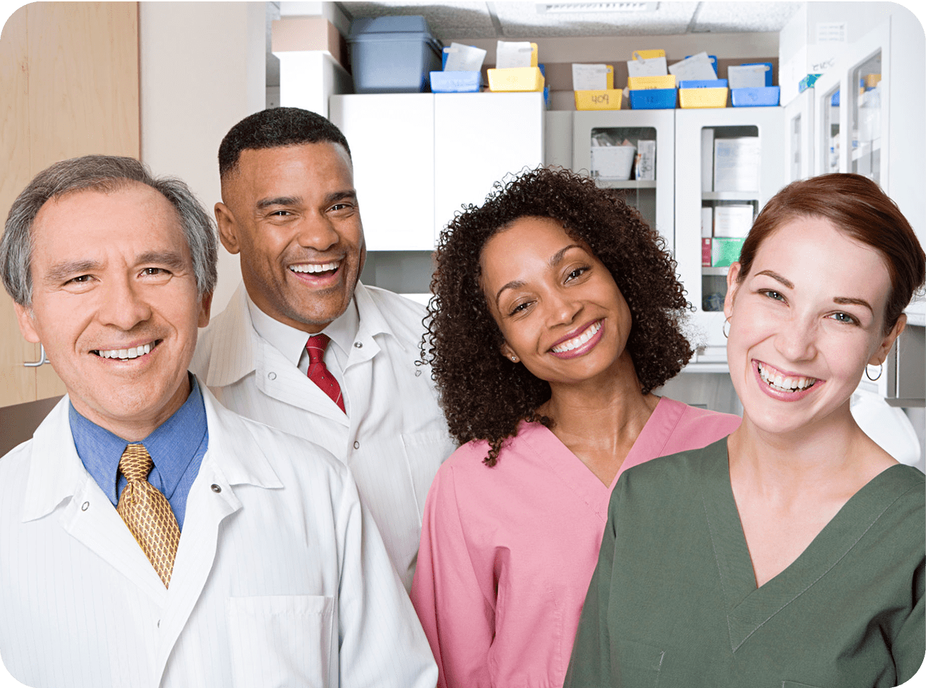 Smiling healthcare professionals in a medical office.